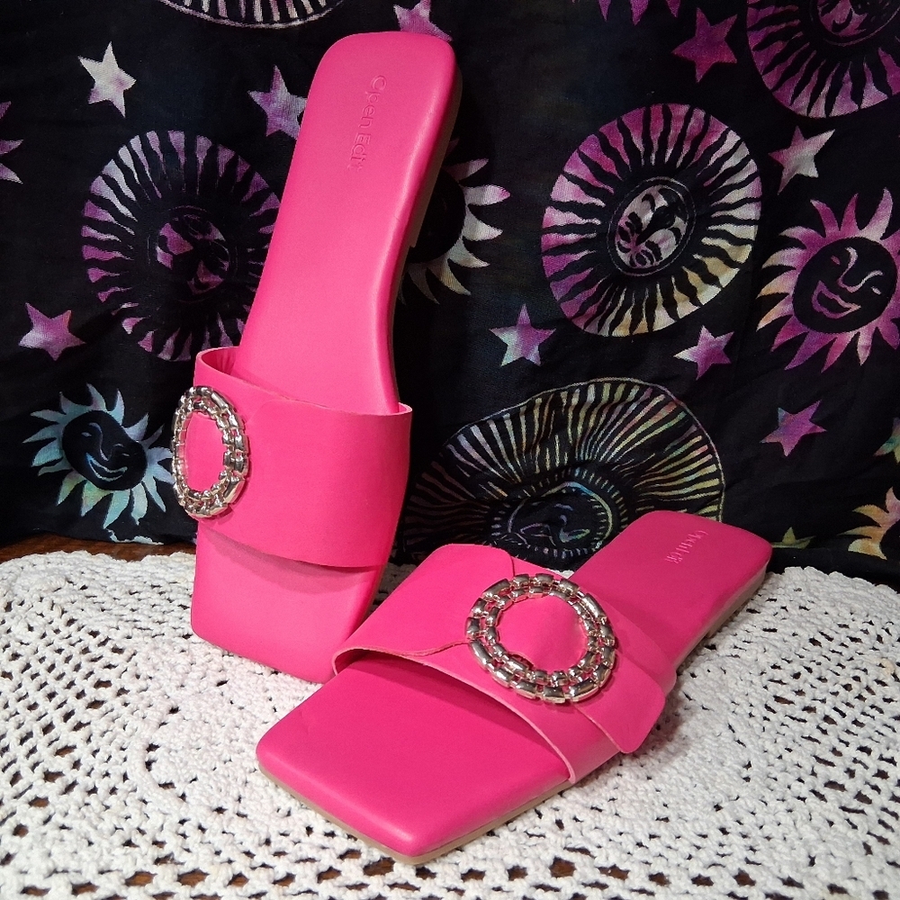 Open Edit Lely Slides Sandals Pink Silver Buckle Square Toe Size 9 Flip Flops - Picture 5 of 13